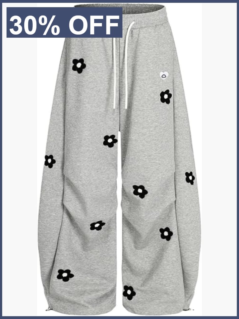 Baggy Wide Leg Sweatpants Floral Embroidery Y2k Elastic Drawstring Lounge Pants
